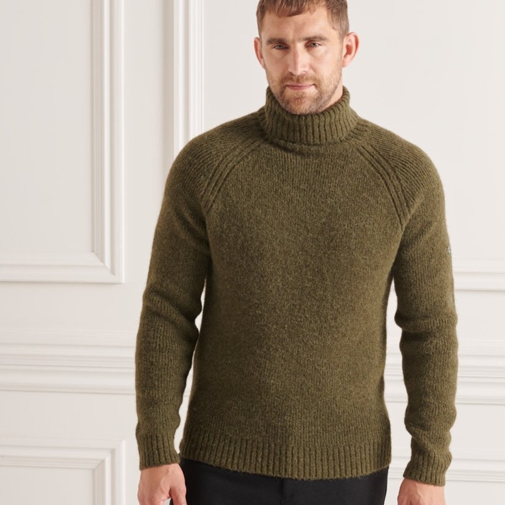 Superdry Brushed Roll Neck Sweater – Moss Green, Small, Alpaca Wool Blend